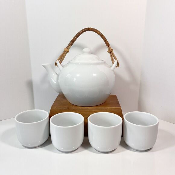 Pier One Imports Asian Style White Porcelain China Tea Set Teapot And 4 Cups - Picture 1 of 4